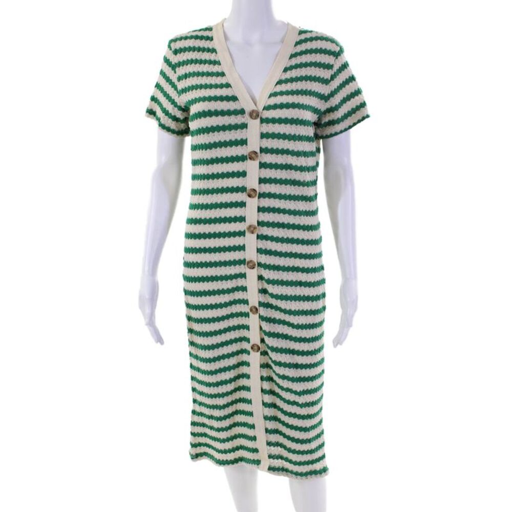 MNG Womens Cotton Open Knit Striped V-Neck Short Sleeve Shift Dress Green Size 6